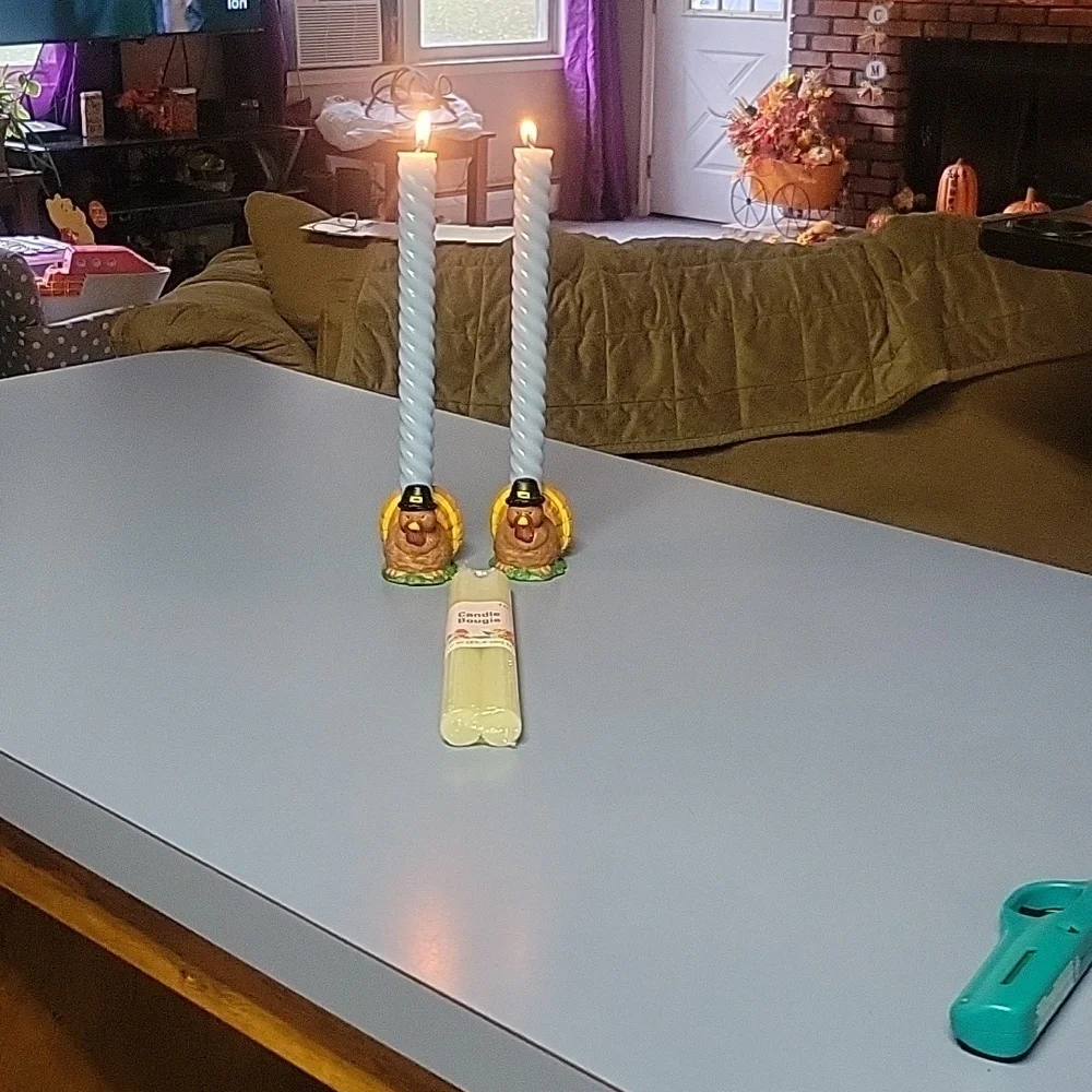 Hand painted turkey candle sticks and white candles - Picture 2 of 10